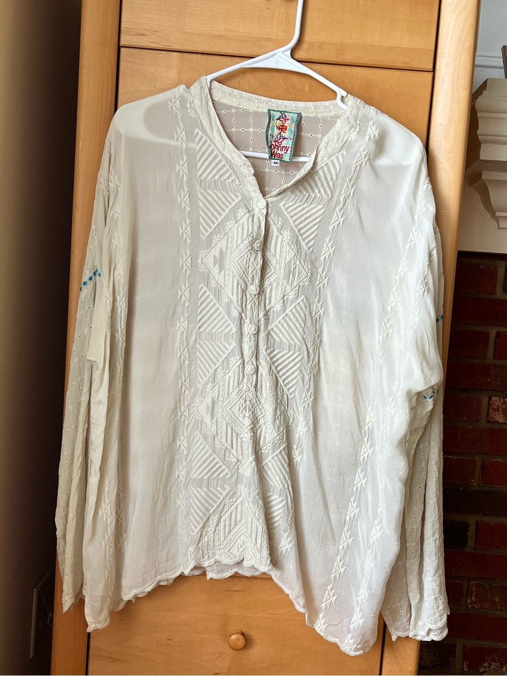 Johnny Was Cream Embroidered Button-Front Boho Blouse